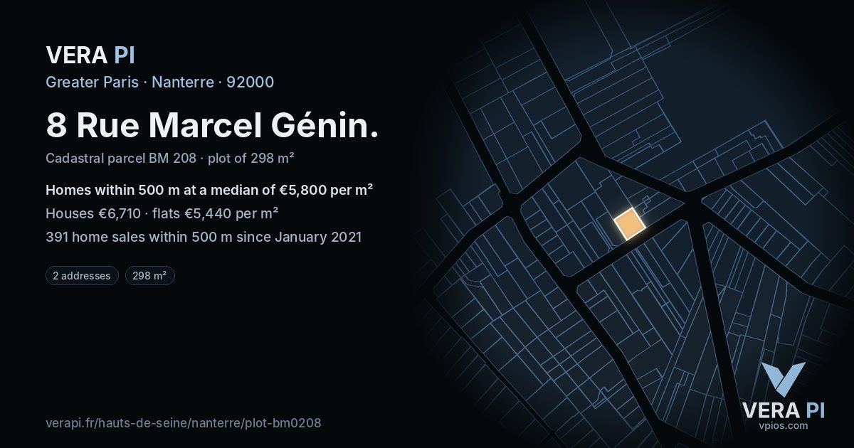 8 Rue Marcel Génin, Nanterre at night – the plot lit, the parcels around coloured by the prices near them