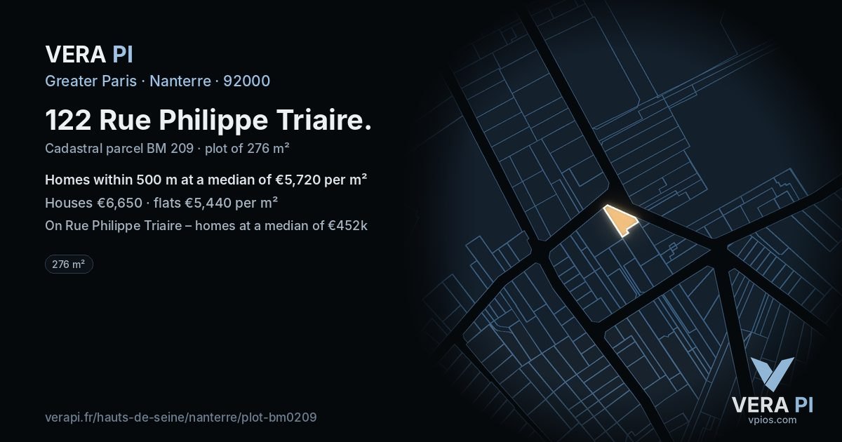 122 Rue Philippe Triaire, Nanterre at night – the plot lit, the parcels around coloured by the prices near them
