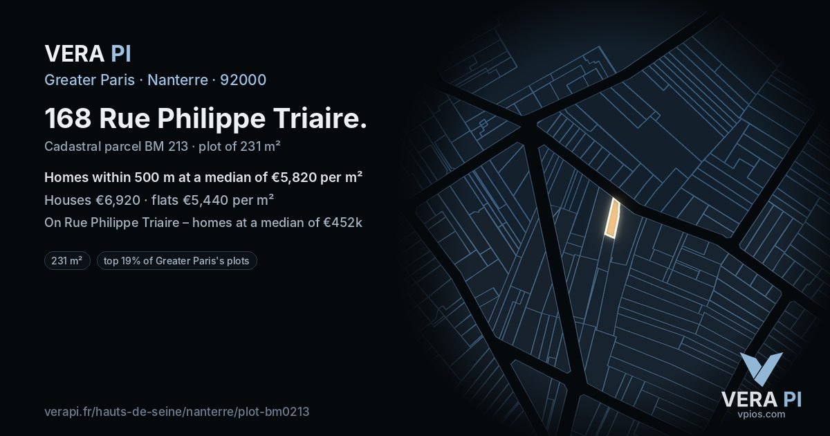 168 Rue Philippe Triaire, Nanterre at night – the plot lit, the parcels around coloured by the prices near them