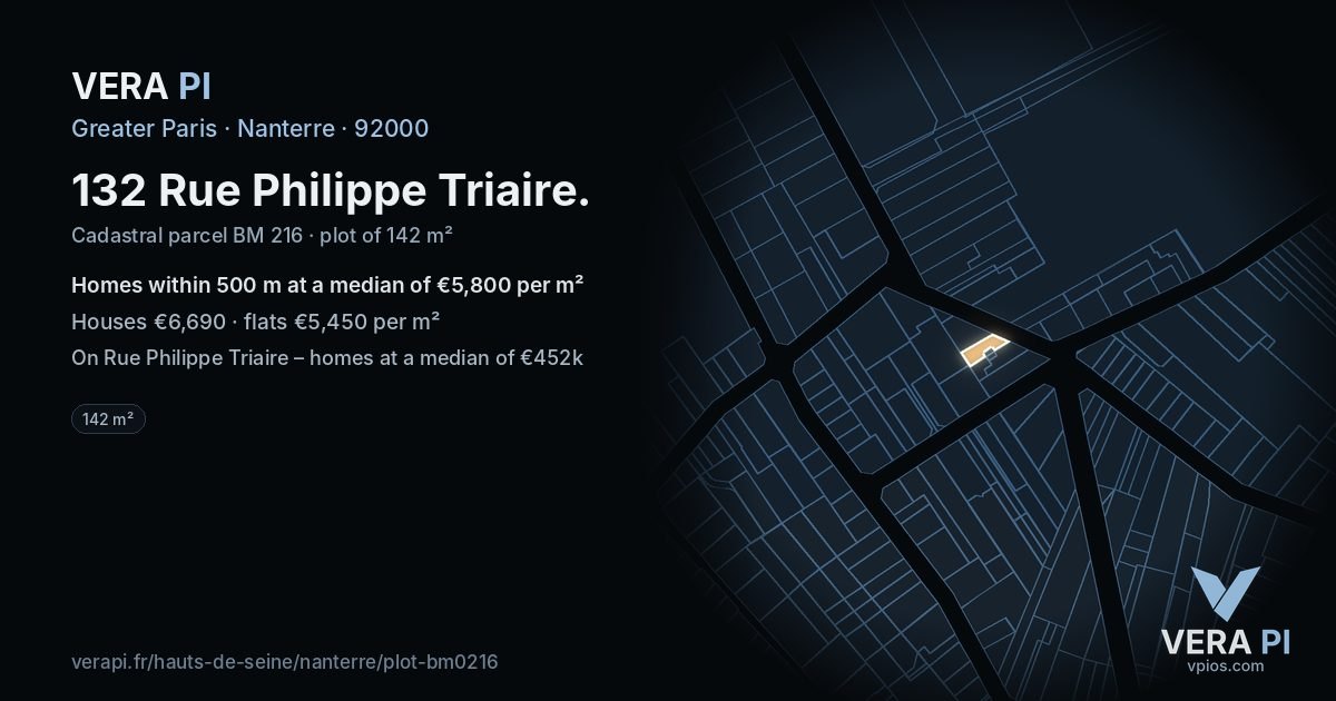 132 Rue Philippe Triaire, Nanterre at night – the plot lit, the parcels around coloured by the prices near them