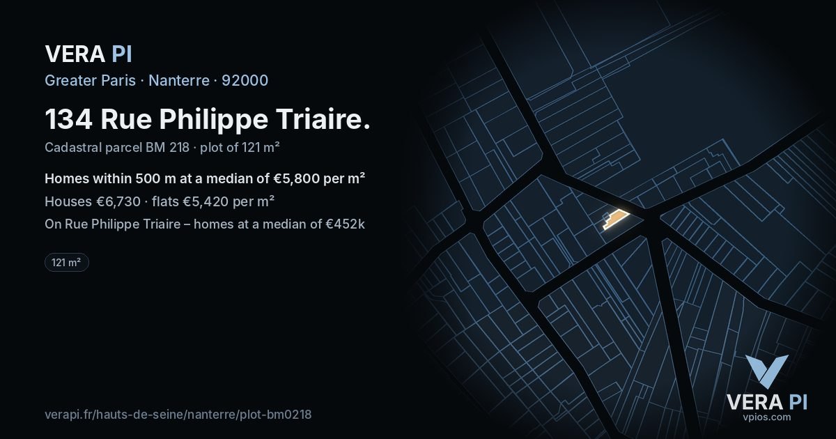 134 Rue Philippe Triaire, Nanterre at night – the plot lit, the parcels around coloured by the prices near them