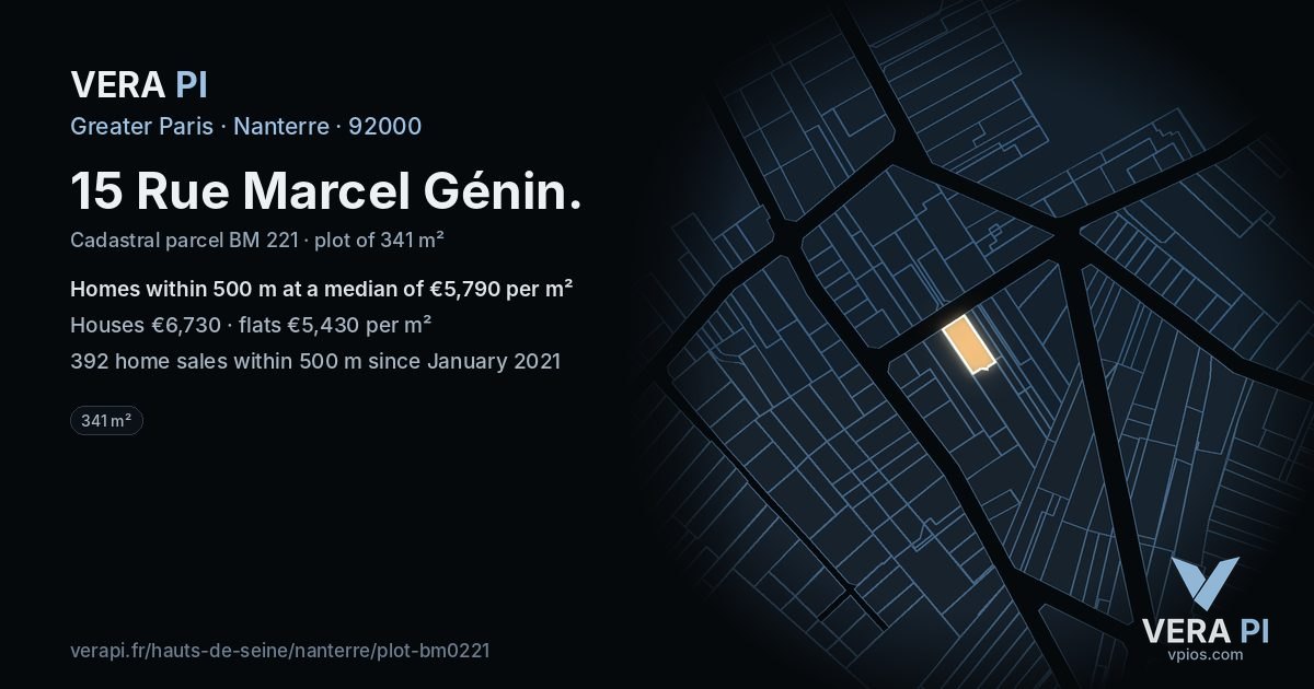 15 Rue Marcel Génin, Nanterre at night – the plot lit, the parcels around coloured by the prices near them