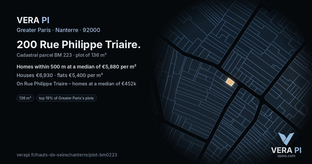 200 Rue Philippe Triaire, Nanterre at night – the plot lit, the parcels around coloured by the prices near them
