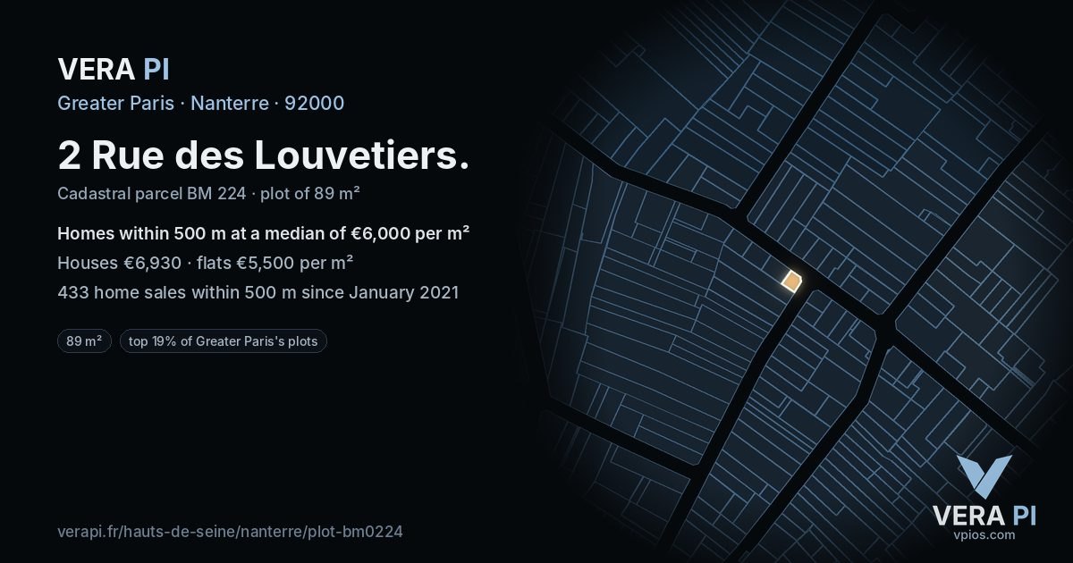 2 Rue des Louvetiers, Nanterre at night – the plot lit, the parcels around coloured by the prices near them