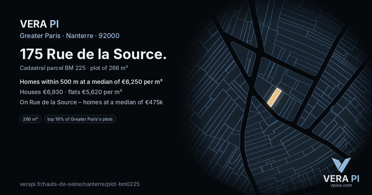 175 Rue de la Source, Nanterre at night – the plot lit, the parcels around coloured by the prices near them