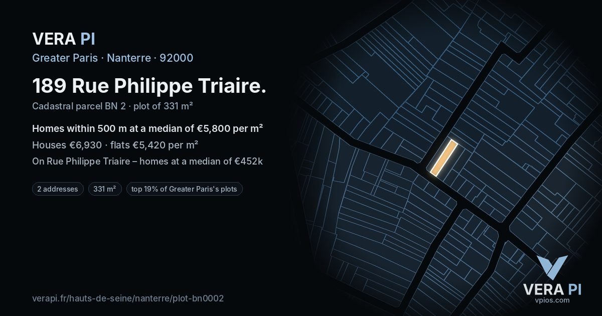 189 Rue Philippe Triaire, Nanterre at night – the plot lit, the parcels around coloured by the prices near them