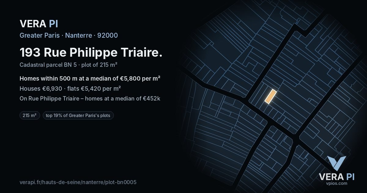 193 Rue Philippe Triaire, Nanterre at night – the plot lit, the parcels around coloured by the prices near them