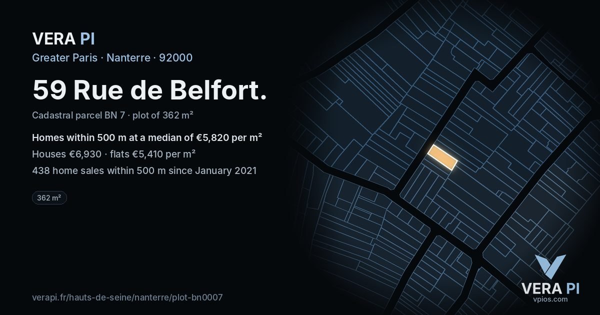 59 Rue de Belfort, Nanterre at night – the plot lit, the parcels around coloured by the prices near them