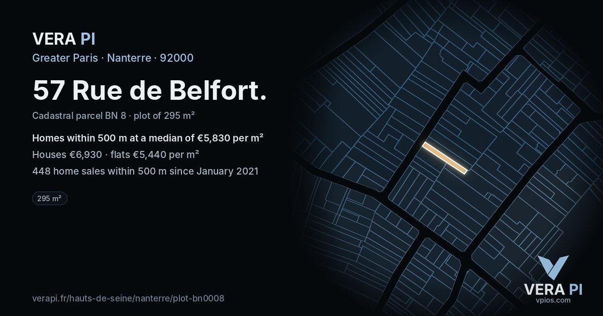 57 Rue de Belfort, Nanterre at night – the plot lit, the parcels around coloured by the prices near them