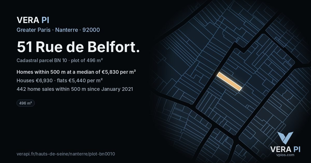 51 Rue de Belfort, Nanterre at night – the plot lit, the parcels around coloured by the prices near them