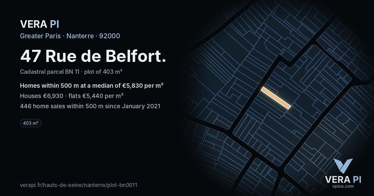 47 Rue de Belfort, Nanterre at night – the plot lit, the parcels around coloured by the prices near them