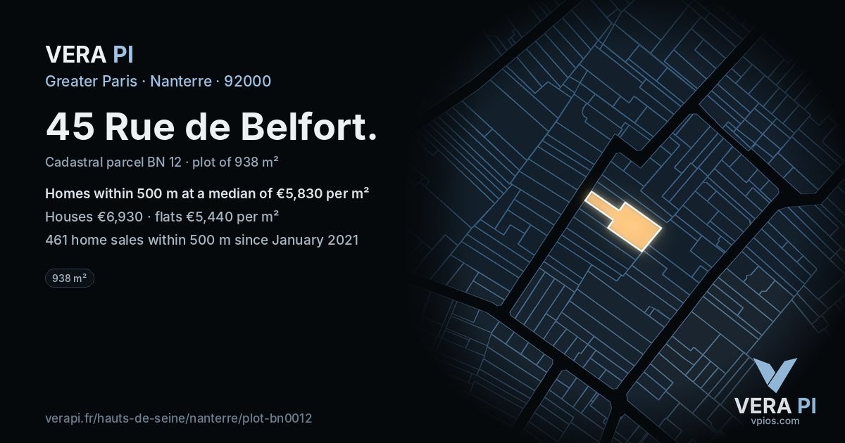 45 Rue de Belfort, Nanterre at night – the plot lit, the parcels around coloured by the prices near them