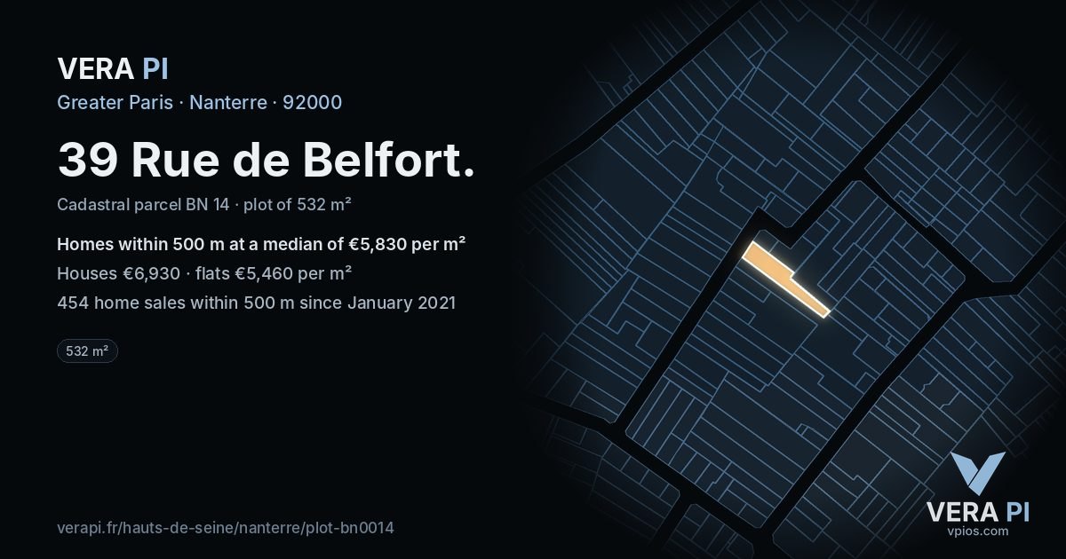 39 Rue de Belfort, Nanterre at night – the plot lit, the parcels around coloured by the prices near them