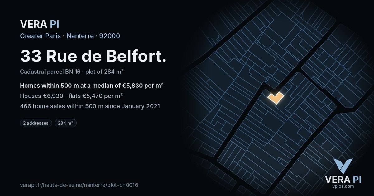 33 Rue de Belfort, Nanterre at night – the plot lit, the parcels around coloured by the prices near them
