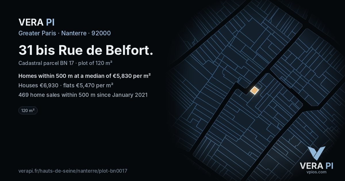 31 bis Rue de Belfort, Nanterre at night – the plot lit, the parcels around coloured by the prices near them