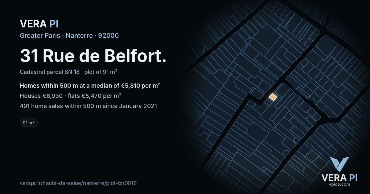 31 Rue de Belfort, Nanterre at night – the plot lit, the parcels around coloured by the prices near them