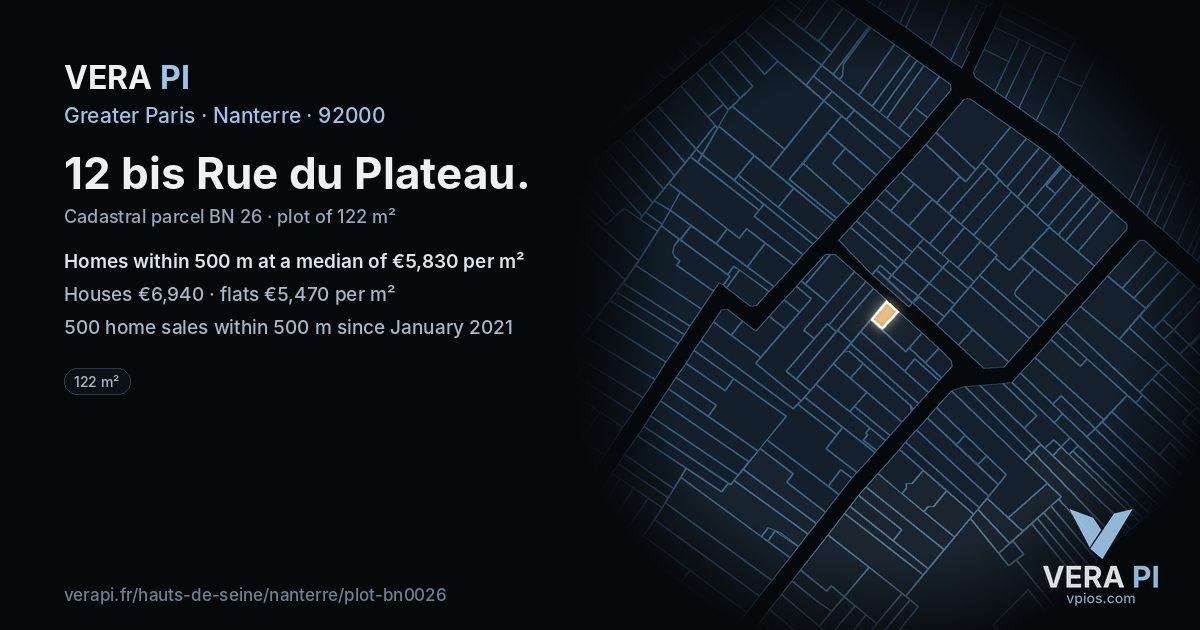 12 bis Rue du Plateau, Nanterre at night – the plot lit, the parcels around coloured by the prices near them
