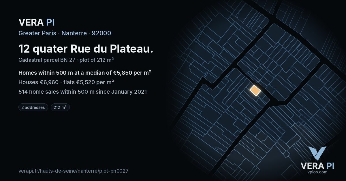 12 quater Rue du Plateau, Nanterre at night – the plot lit, the parcels around coloured by the prices near them