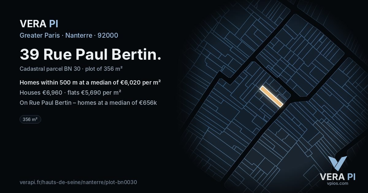 39 Rue Paul Bertin, Nanterre at night – the plot lit, the parcels around coloured by the prices near them