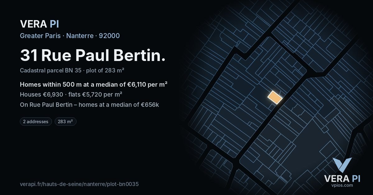 31 Rue Paul Bertin, Nanterre at night – the plot lit, the parcels around coloured by the prices near them