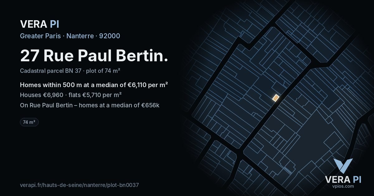 27 Rue Paul Bertin, Nanterre at night – the plot lit, the parcels around coloured by the prices near them