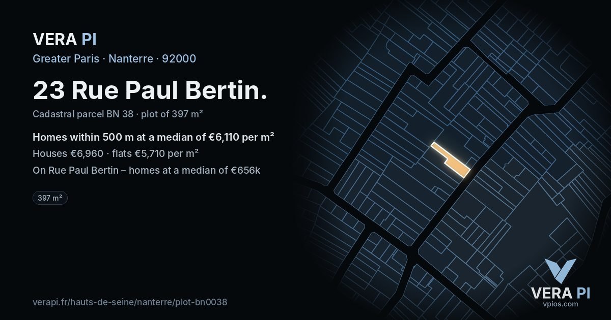 23 Rue Paul Bertin, Nanterre at night – the plot lit, the parcels around coloured by the prices near them