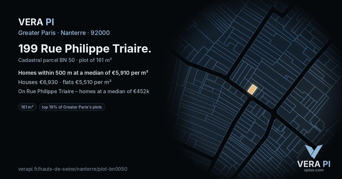 199 Rue Philippe Triaire, Nanterre at night – the plot lit, the parcels around coloured by the prices near them