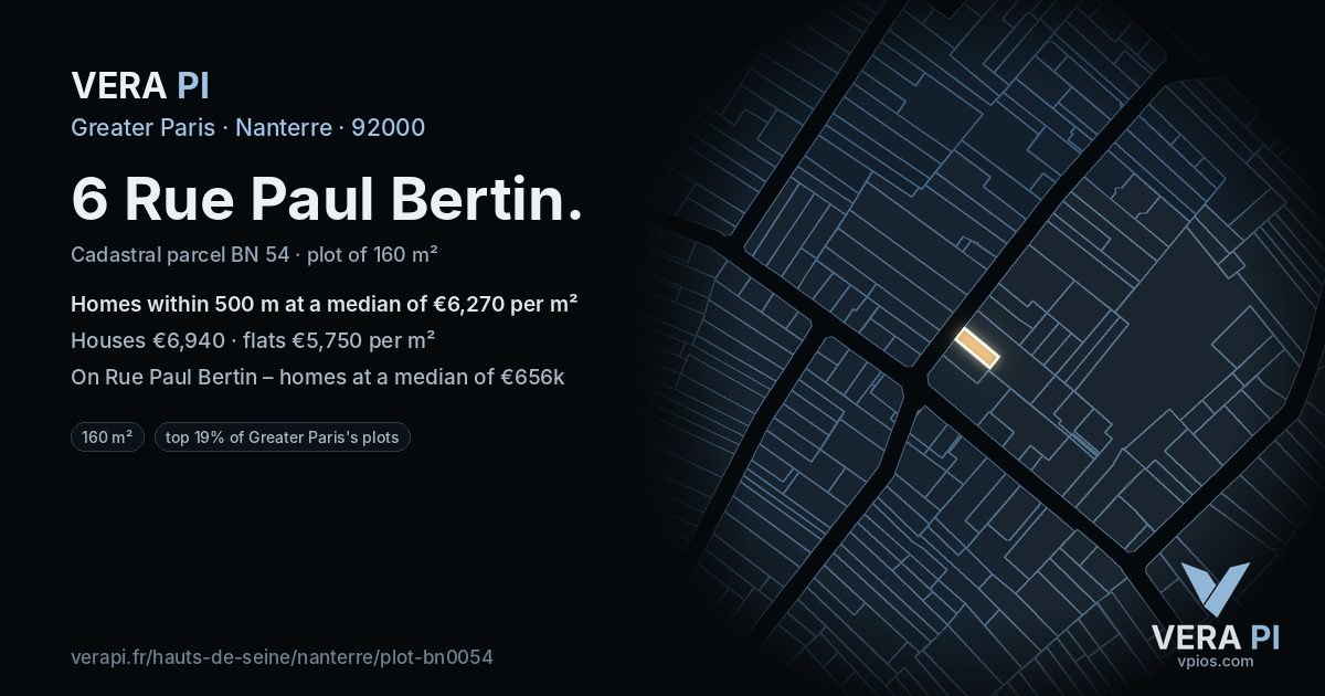 6 Rue Paul Bertin, Nanterre at night – the plot lit, the parcels around coloured by the prices near them