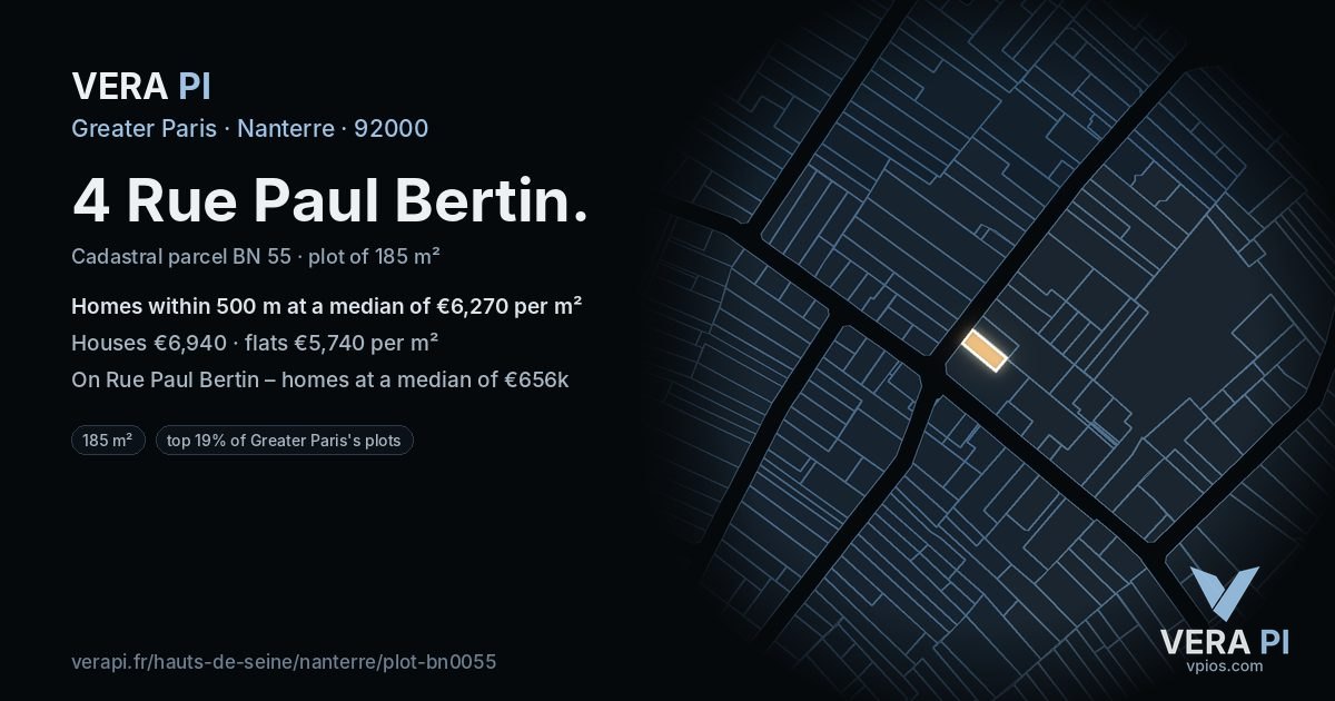 4 Rue Paul Bertin, Nanterre at night – the plot lit, the parcels around coloured by the prices near them