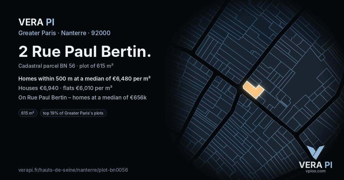 2 Rue Paul Bertin, Nanterre at night – the plot lit, the parcels around coloured by the prices near them