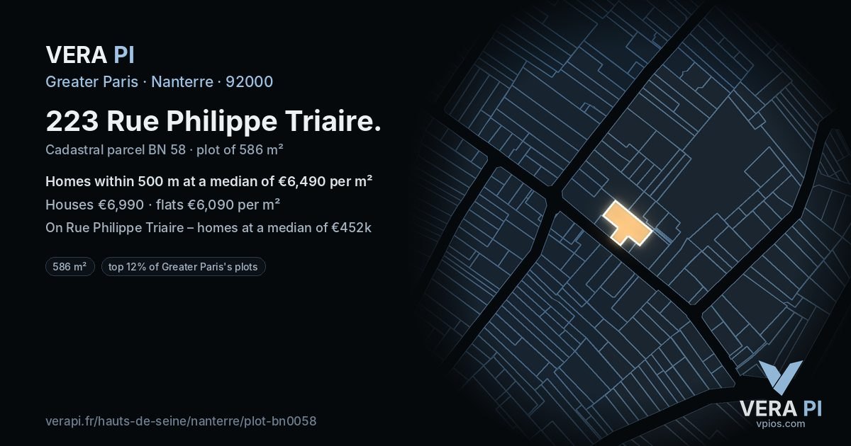 223 Rue Philippe Triaire, Nanterre at night – the plot lit, the parcels around coloured by the prices near them
