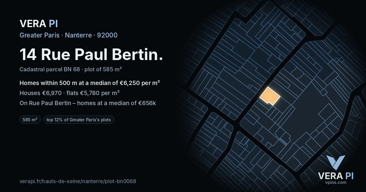 14 Rue Paul Bertin, Nanterre at night – the plot lit, the parcels around coloured by the prices near them