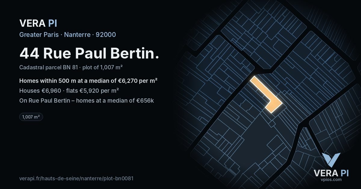 44 Rue Paul Bertin, Nanterre at night – the plot lit, the parcels around coloured by the prices near them