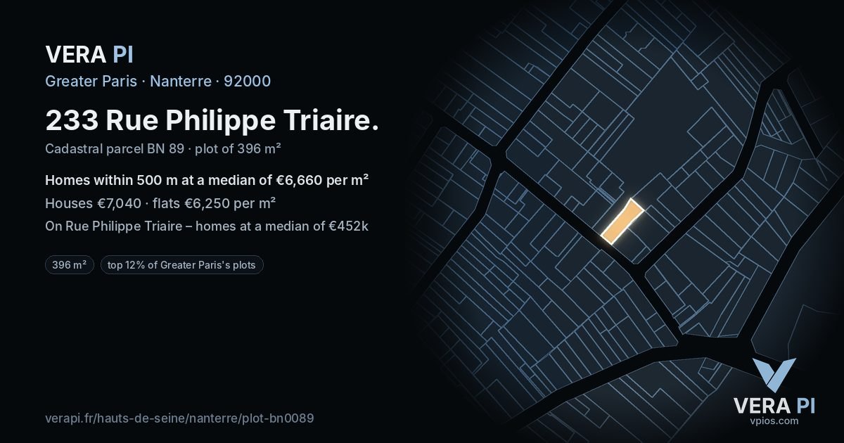 233 Rue Philippe Triaire, Nanterre at night – the plot lit, the parcels around coloured by the prices near them