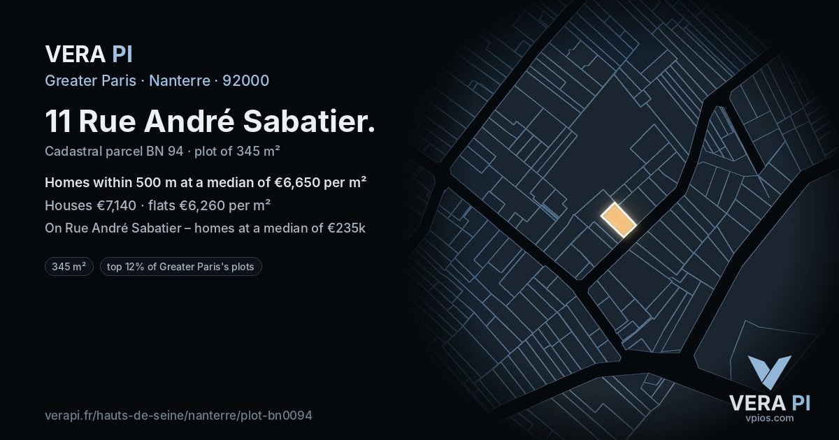 11 Rue André Sabatier, Nanterre at night – the plot lit, the parcels around coloured by the prices near them