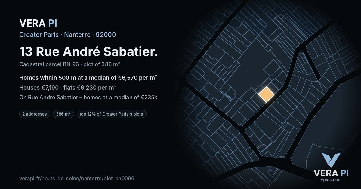 13 Rue André Sabatier, Nanterre at night – the plot lit, the parcels around coloured by the prices near them