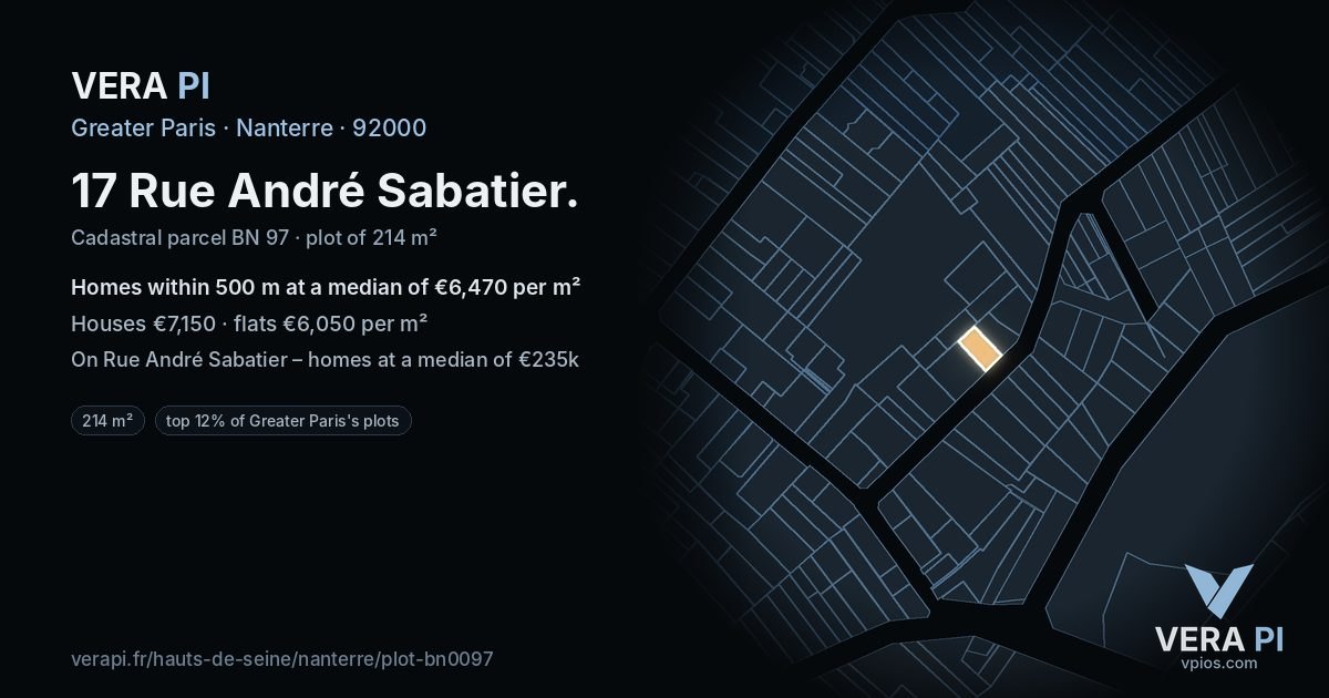 17 Rue André Sabatier, Nanterre at night – the plot lit, the parcels around coloured by the prices near them