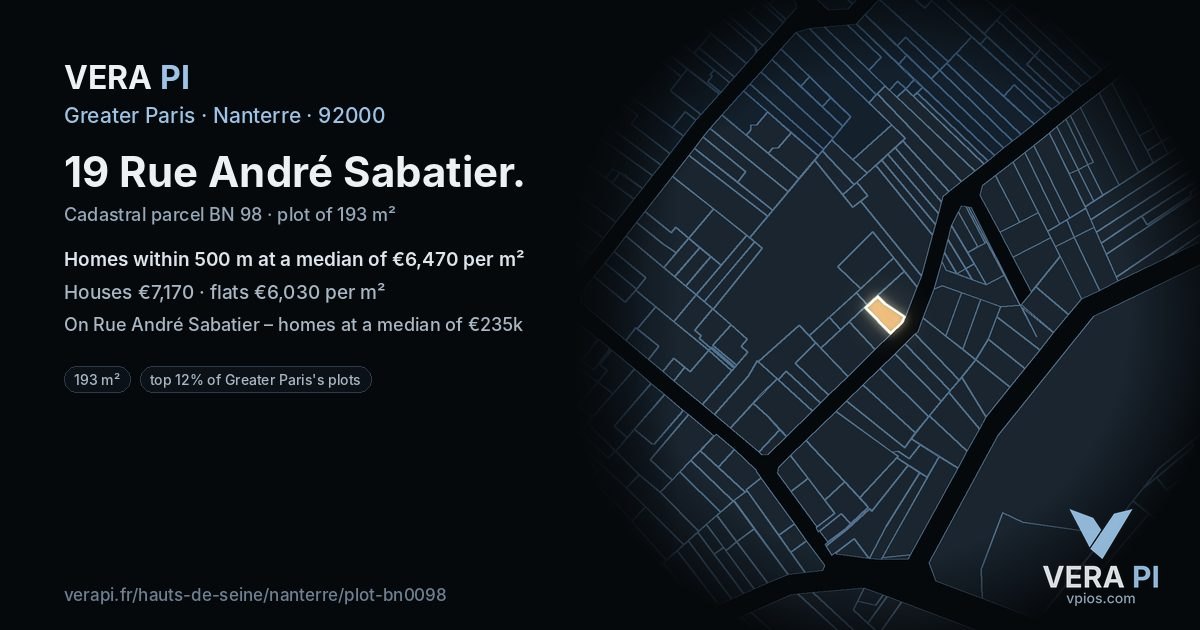 19 Rue André Sabatier, Nanterre at night – the plot lit, the parcels around coloured by the prices near them