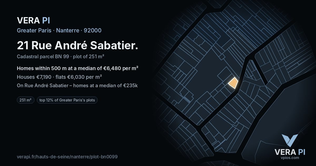 21 Rue André Sabatier, Nanterre at night – the plot lit, the parcels around coloured by the prices near them