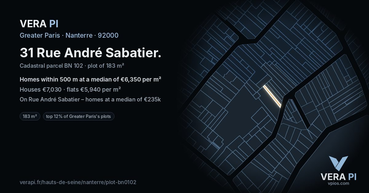 31 Rue André Sabatier, Nanterre at night – the plot lit, the parcels around coloured by the prices near them