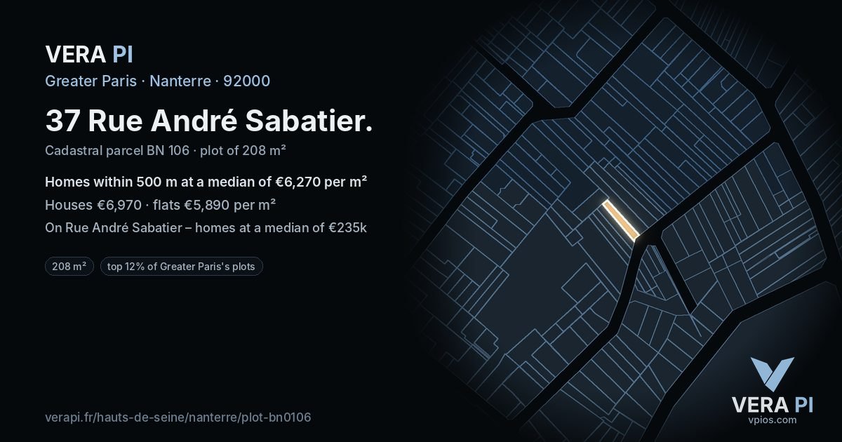 37 Rue André Sabatier, Nanterre at night – the plot lit, the parcels around coloured by the prices near them