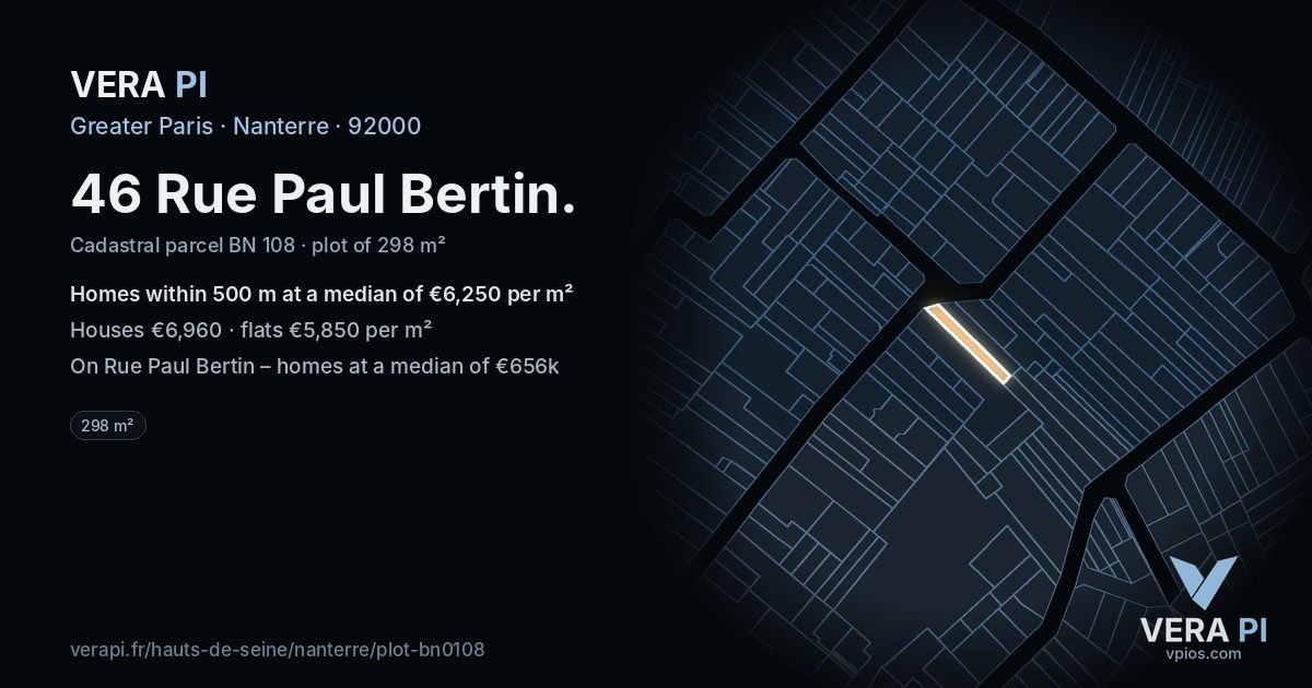 46 Rue Paul Bertin, Nanterre at night – the plot lit, the parcels around coloured by the prices near them
