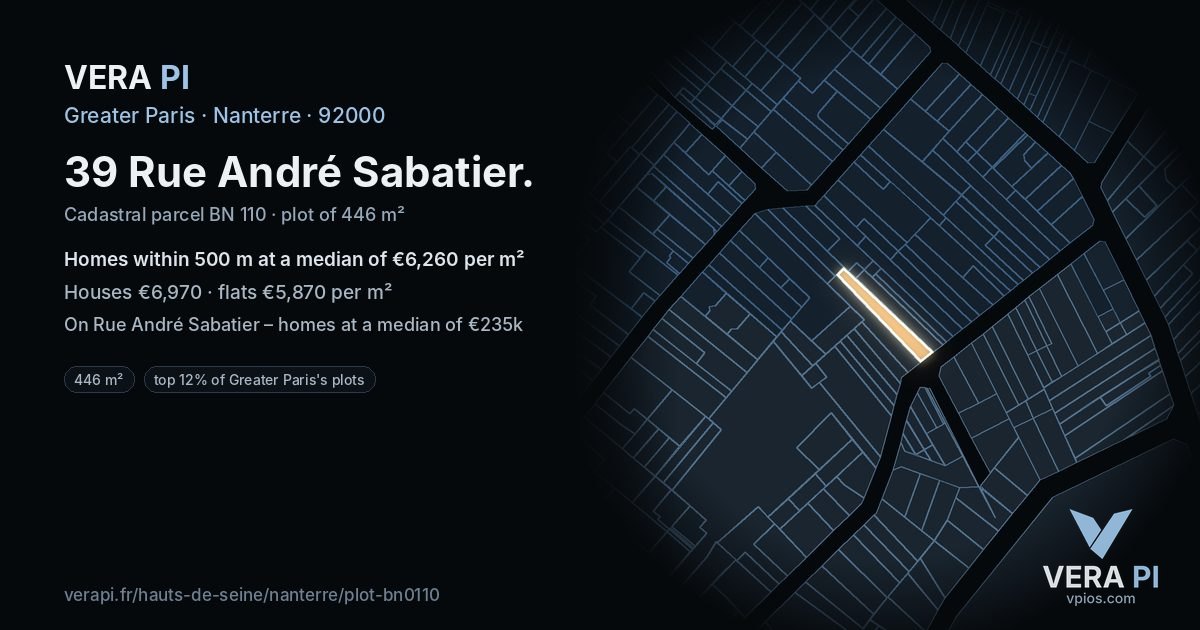 39 Rue André Sabatier, Nanterre at night – the plot lit, the parcels around coloured by the prices near them