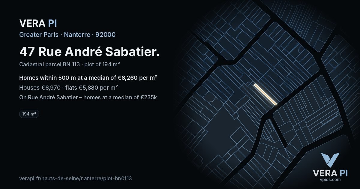 47 Rue André Sabatier, Nanterre at night – the plot lit, the parcels around coloured by the prices near them
