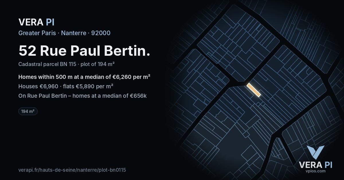 52 Rue Paul Bertin, Nanterre at night – the plot lit, the parcels around coloured by the prices near them