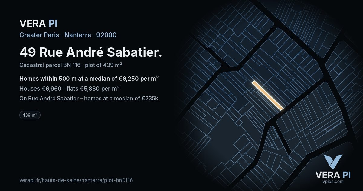 49 Rue André Sabatier, Nanterre at night – the plot lit, the parcels around coloured by the prices near them