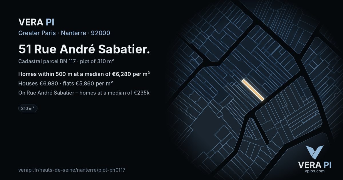 51 Rue André Sabatier, Nanterre at night – the plot lit, the parcels around coloured by the prices near them