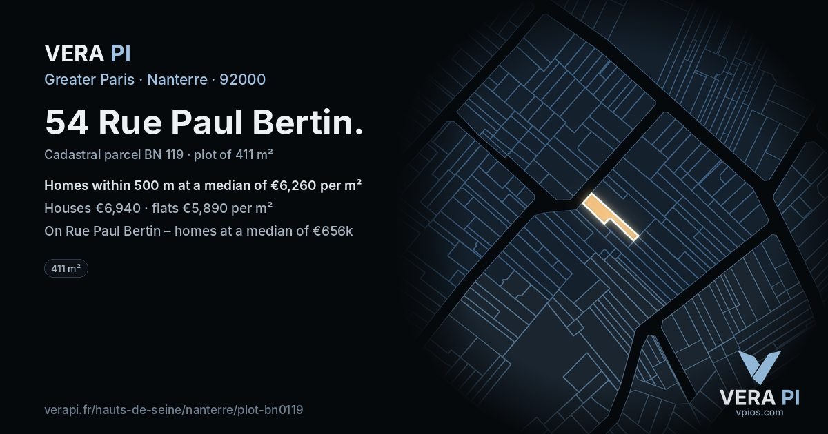 54 Rue Paul Bertin, Nanterre at night – the plot lit, the parcels around coloured by the prices near them