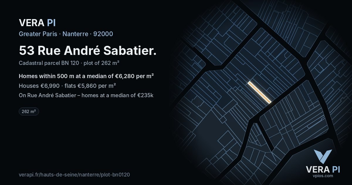 53 Rue André Sabatier, Nanterre at night – the plot lit, the parcels around coloured by the prices near them