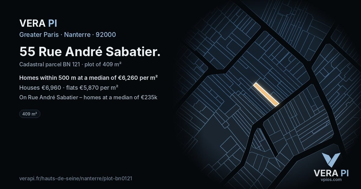 55 Rue André Sabatier, Nanterre at night – the plot lit, the parcels around coloured by the prices near them